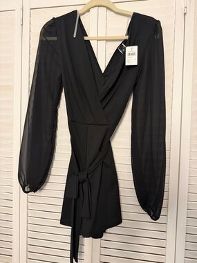 Black Wrap Romper with Sheer Long Sleeves